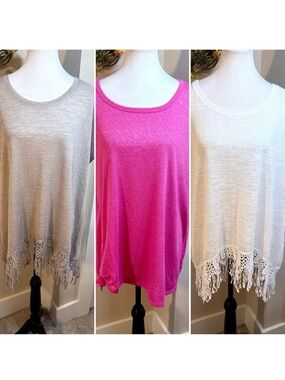 Cato Lot of 3 Lightweight Plus Size Tops Fringe/Tie Hem Pink White Tan 18/20W 💚
